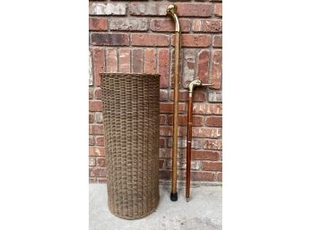 Wicker Umbrella Stand With Galvanized Liner & 2 Brass Head Walking Sticks