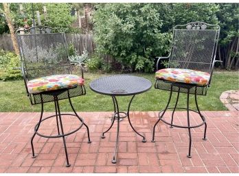 3 Pc. Wrought Iron High Top Table With 2 Swivel High Chairs And Cushions