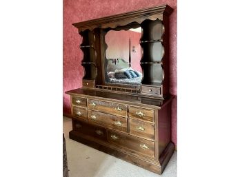 Sturdy Ethan Allen Dresser With Mirror, Side Shelving, And Ten Drawers