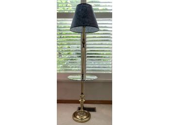Brass Floor Lamp With Glass Table & Blue Shade