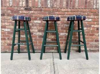 3 Green Painted Stools With Plaid Cushions