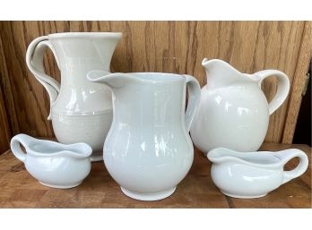 Set Of 3 White Pitchers And 2 Creamers