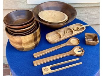Lot Of Wooden Bowls And Serving Utencils
