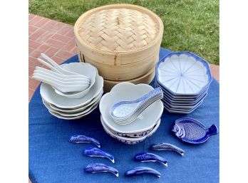 Collection Of Blue And White Japanese And Chinese Dishes, And Steamer