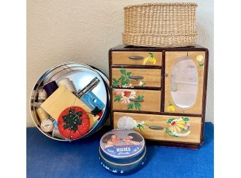 Vintage Hand Painted Jewelry Box, Sewing Supplies, And Cute Hershey's Tin