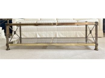 Beautiful Antique Brass-Beveled Glass Coffee Table With Column Legs, Cross Bars And Medallion Accents