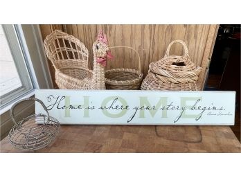 4 Baskets And 'home Is Where Your Story Begins' Sign
