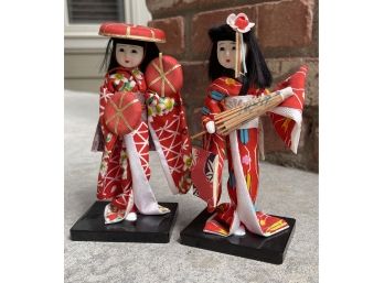 2 Handmade Kyoto Dolls In Red Costumes