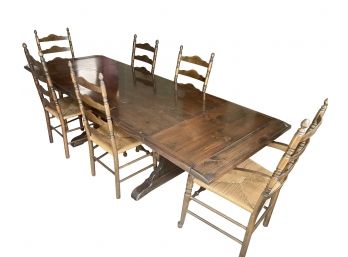 Vintage Ethan Allen Colonial Pine Trestle Table With 2 Leaves , 2 Wood Arm Chairs & 4 Side Chairs