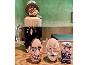 Three Wooden Head Figurines And Slainte Bar Mug Decor