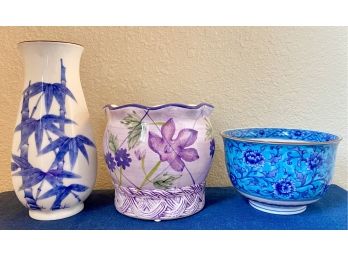 Three Purple And Blue Floral Vases And Pots