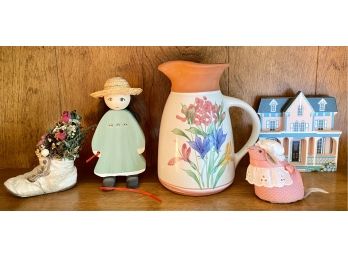 Collection Of Home Decor Incl. Emerson Creek Pottery Pitcher, And Sheila's Collectable House Facade
