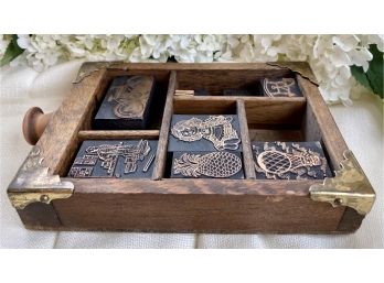 Vintage Metal Stamps In Small Wooden Drawer