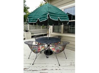 Wrought Iron 5 Pc. Round Patio Table With 4 Chairs & Umbrella With Stand
