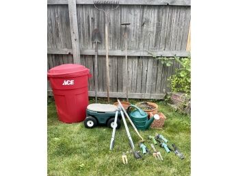 Large Garden Tool Lot With Red Ace Trash Can, Garden Cart And More
