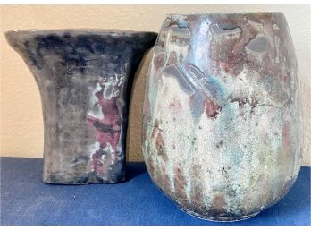 Two Pretty Blue Vases With Marbled Finish