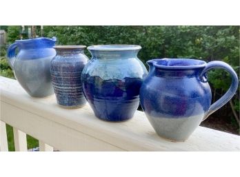 Four Wonderful Signed Ceramic Blue Vases And Pitchers