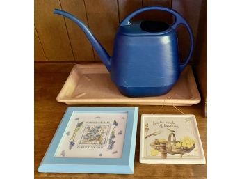 Garden Themed Decor, Plastic Watering Can, And Ceramic Plant Plate From Italy