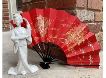 White Japanese Lady Figurine & Red Fan