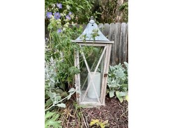 30' Wood Lantern With Tin Top & Large White Candle