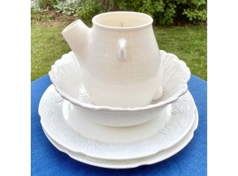 White Colored Plates, Bowl, And Pitcher Incl. Stonecraft Japan
