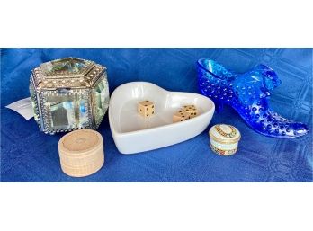 Misc. Trinkets Including A Blue Glass Shoe Glass Box 2 Small Pill Boxes And A Heart Shaped Dish