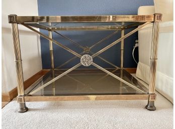 Beautiful Antique Brass-Beveled Glass Side Table With Column Style Legs Cross Bars And Medallion Accents