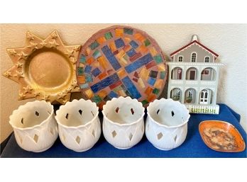 Collection Of Home Decor Incl. Handmade Mosaic Plate, Sheila's Collectable House Facade, And Small Sun Tray