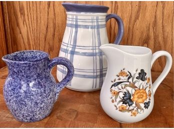 Pitcher And Mugs Including Blue And White Plaid Pitcher