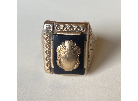 Antique 10K With Onyx Signet Ring With 5 Ct. Single Cut Diamond (cracked) Band (12.98 Grams)