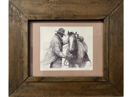 Western Signed Print In Rustic Wood Frame 'Cowboy With Horse' By W.H. Ford