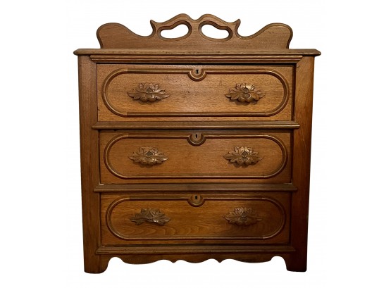 Antique Oak Eastlake Small 3 Drawer Chest With Grape Leaf Carved Handles
