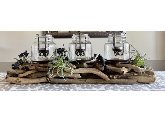 Driftwood Candleholder Centerpiece With Glass Votive Holders & Gray /ivory Table Runner