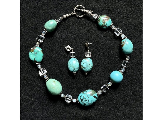 3 Pc. Necklace (16')& Earring Set With Sterling Silver Clasps & Synthetic Turquoise