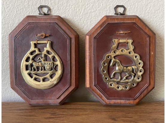 Vintage Solid Brass Harness Medallions On Leather & Wood Plaque