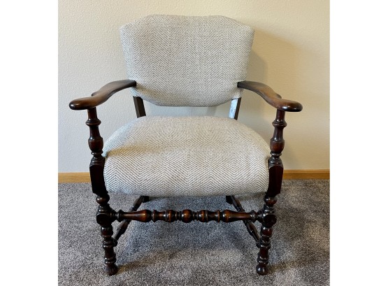 Antique Walnut Arm Chair With Herringbone Woven Upholstery
