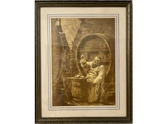 Antique Etching In Wood Frame Of 19th Century 'A Monk Toast'