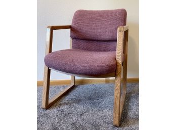 Upholstered Oak Wood Arm Office Chair With Burgundy Woven Fabric