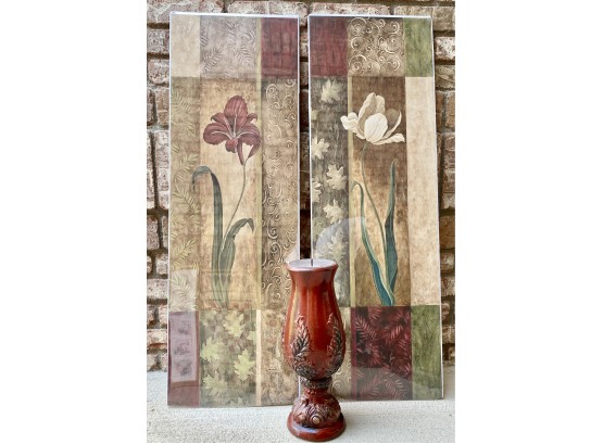 Two Floral Prints And A Red Leaf Motif Candle Holder