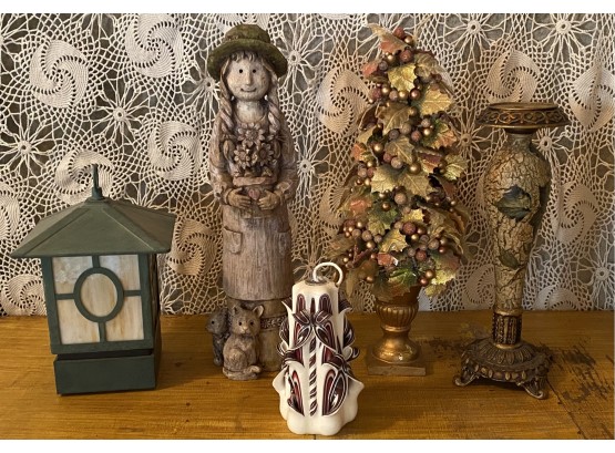 Assortment Of Home Decor Items Including Faux Tree And A Plastic Girl Statue