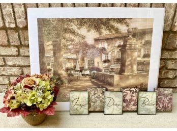 Betsy Brown Lithograph Print, 'Imagine, Dream, Believe' Sign, And Pretty Faux Flower Arrangement