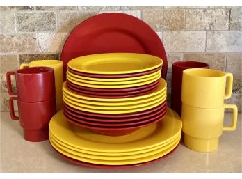 Red And Yellow Dishes, Also Includes Plastic Wine Glasses