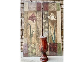 Two Floral Prints And A Red Leaf Motif Candle Holder