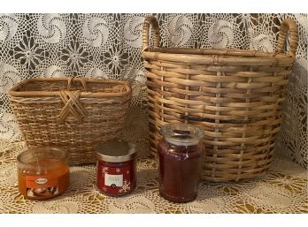 Two Wicker Baskets Including A Yankee Candle