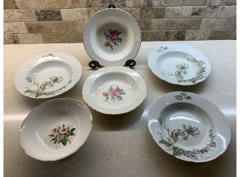 Lovely Assortment Of Antique Soup Bowls And Serving Bowl, Including Three John Edwards Wind Flower Style Bowls