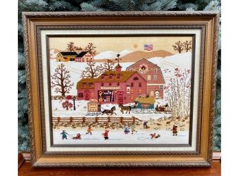 Lovely 'Antiques For Sale' Hand Embroidered Artwork By Charles Wysock 1986 In Pretty Wooden Vine Frame