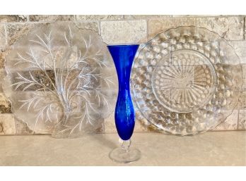Blue Glass Bud Vase And Two Glass Plates