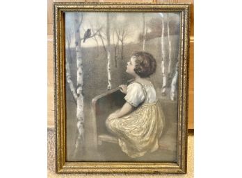 Antique Framed Print Girl Talking To Bird