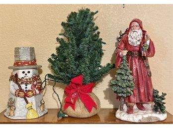 Santa Cookie Jar, Tree, And Snowman Figure