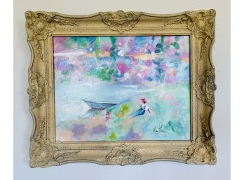 Impressionistic Painting In Ornate Wood Frame By Katherine Long Signed